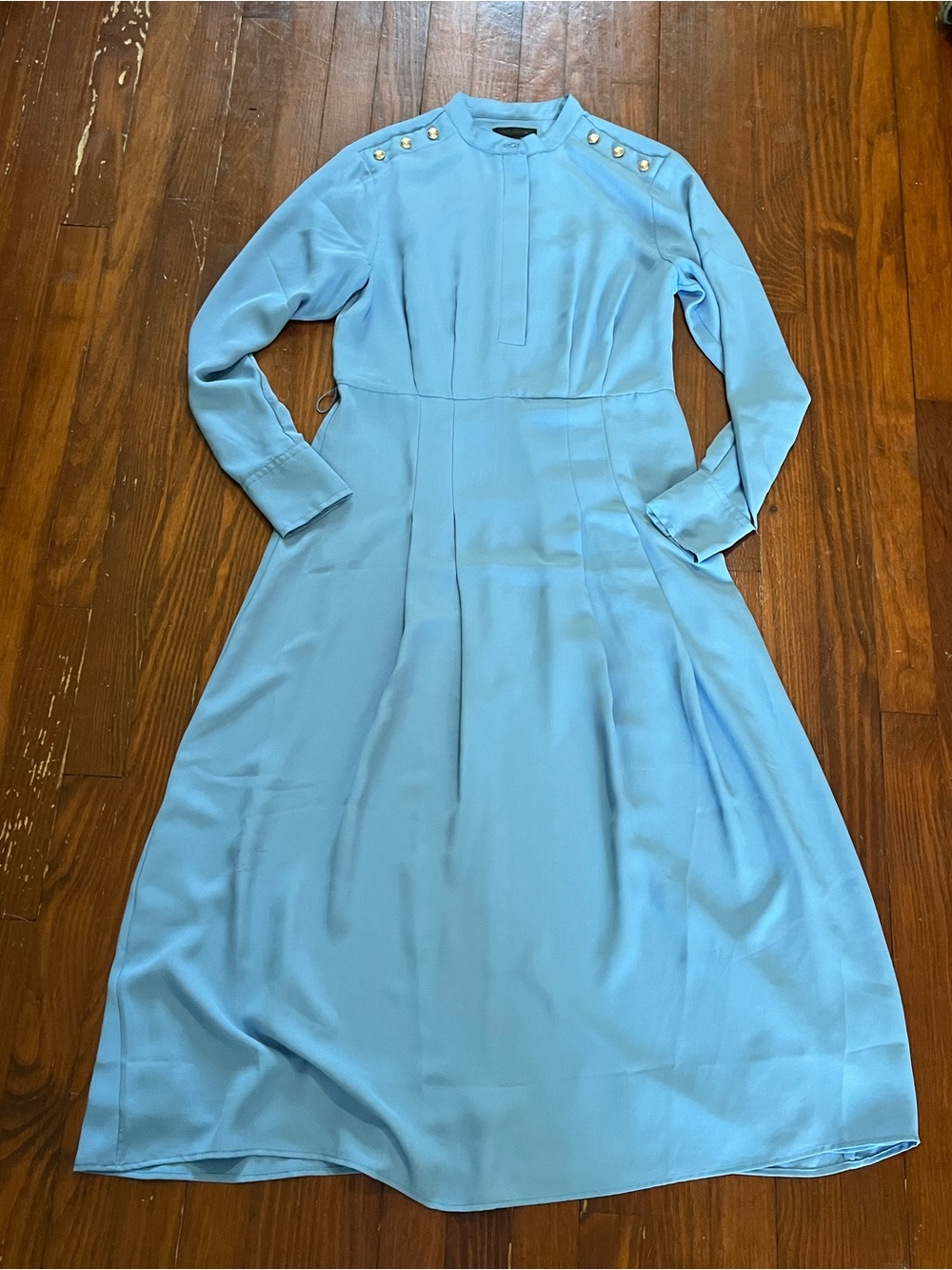 Ann Taylor Elegant Light Blue Long Sleeve Midi Dress with Silver Button Detail